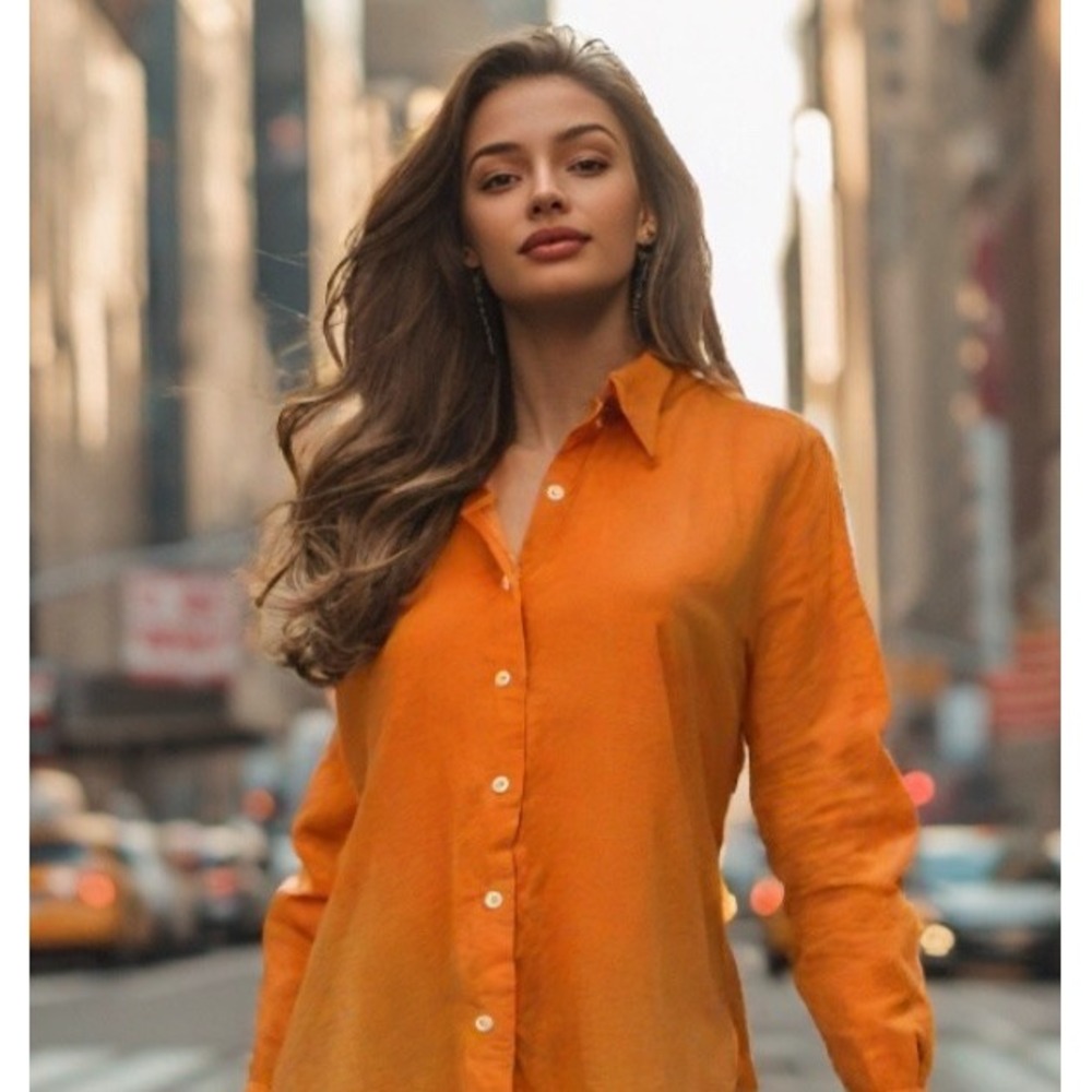 0039 Italy Button Up Top Size Medium Cotton Corduroy Soft Small Wale Pumpkin EUC